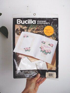 Vintage 1994 Bucilla Stamped Embroidery Kit Bible Cover Craft Floral Needlecraft